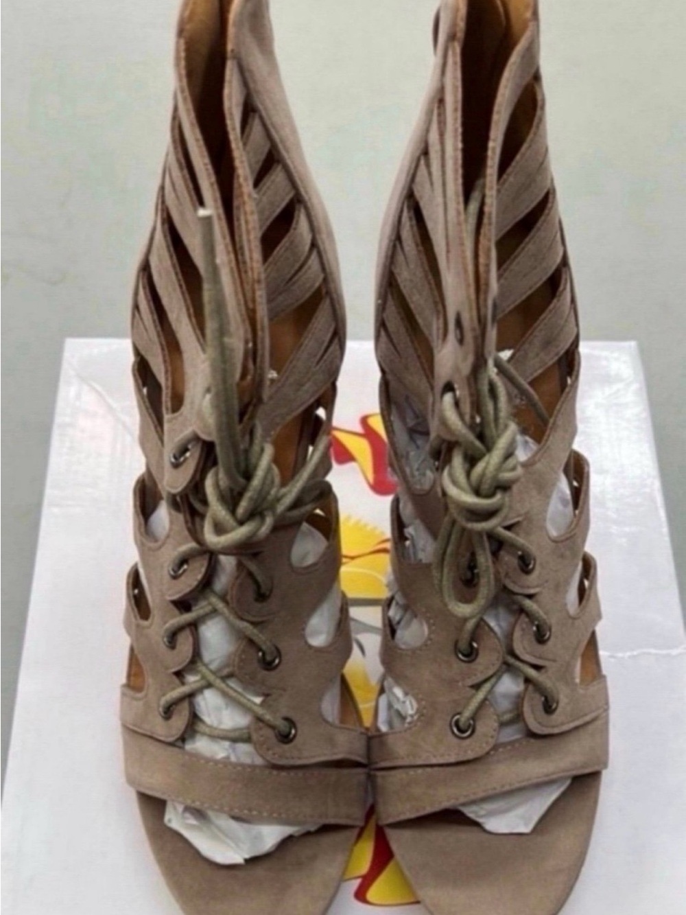 West Blvd Taupe Lace-Up Cutout Heeled Sandals